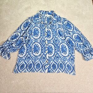 COMO BLU Women's Blue White Floral Print Button Down Shirt Top L Resortwear Boho